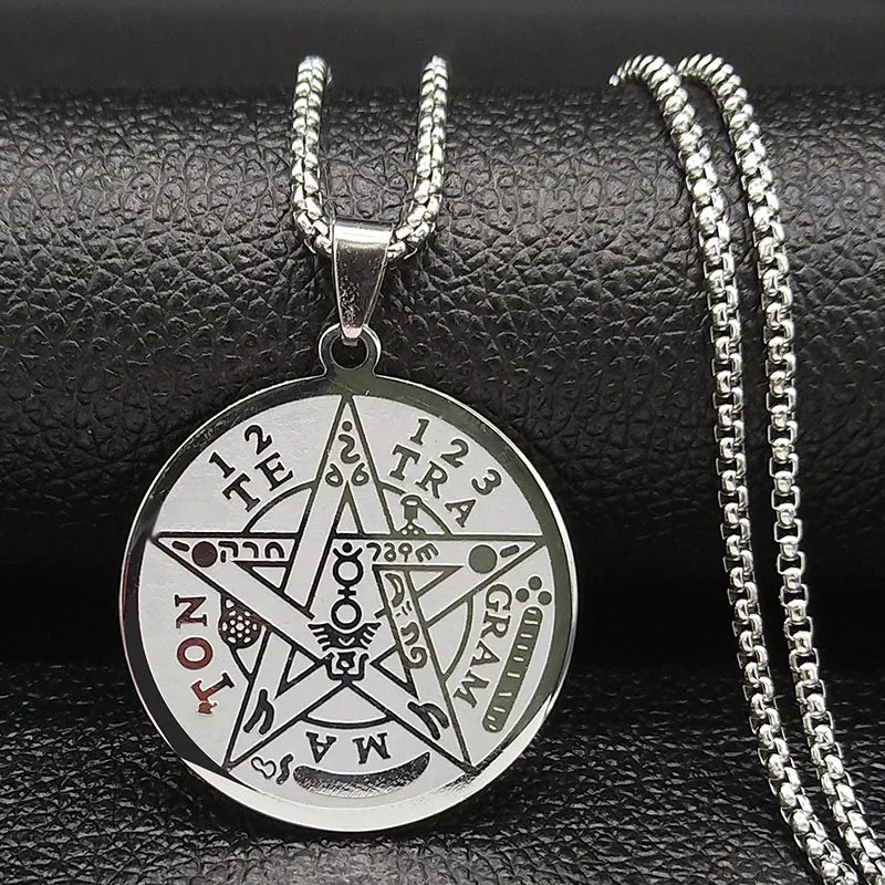 Witchcraft Pentagram Stainless Steel Necklace Chain for Men Jewish Hebrew Tetragrammaton Necklace Pentacle Jewelry N1163