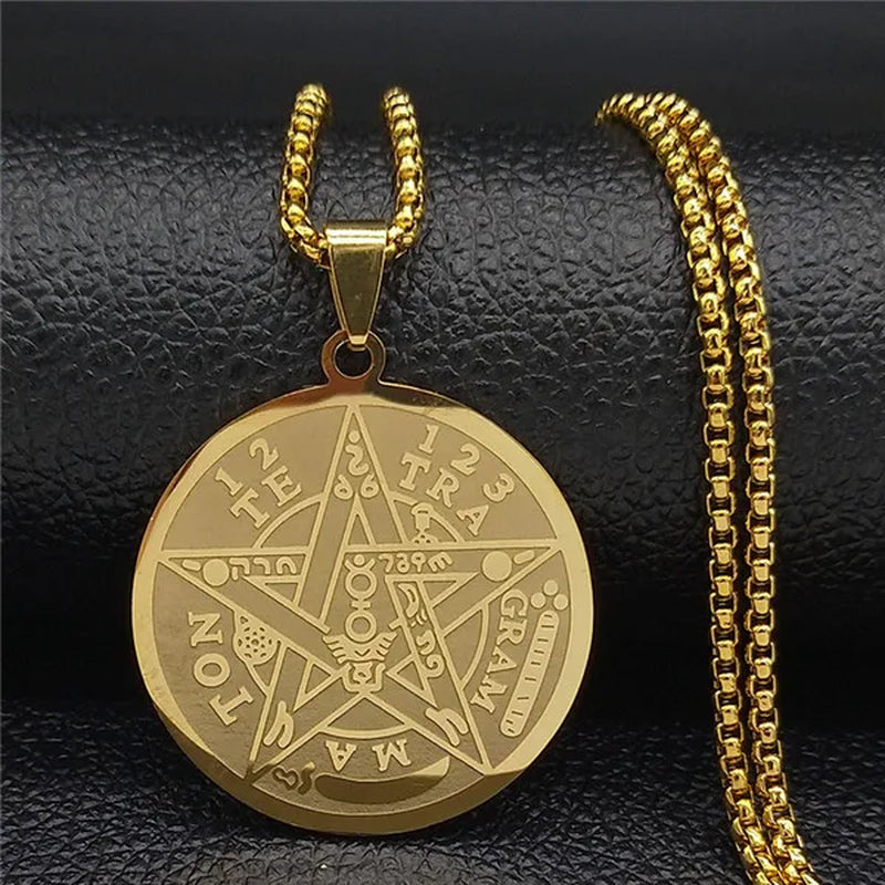 Witchcraft Pentagram Stainless Steel Necklace Chain for Men Jewish Hebrew Tetragrammaton Necklace Pentacle Jewelry N1163