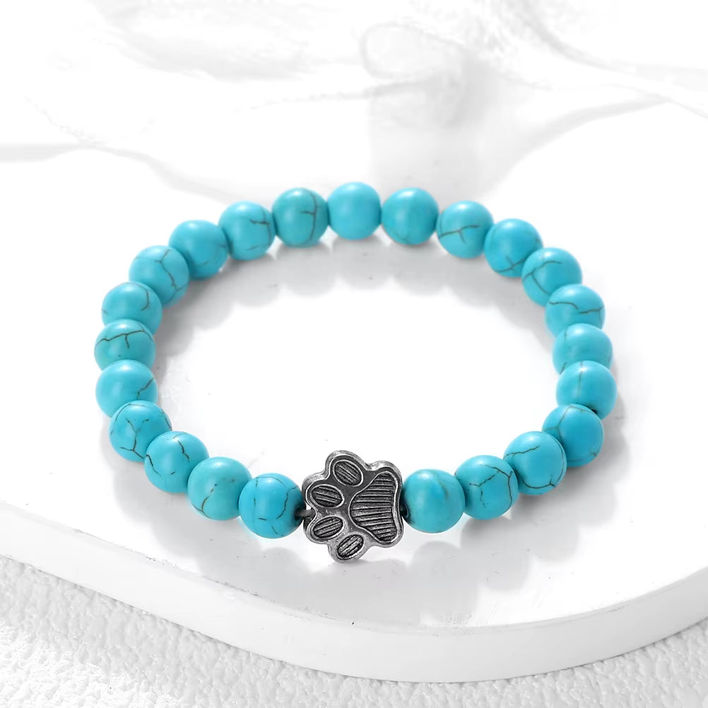 Natural Matte Black Lava Volcanic Stone Paw Print Charm Bracelet Homme Femme Pet Memorial Cat Dog Lovers Jewelry Bracelets Gifts