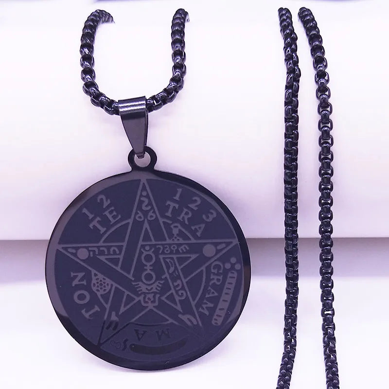 Witchcraft Pentagram Stainless Steel Necklace Chain for Men Jewish Hebrew Tetragrammaton Necklace Pentacle Jewelry N1163