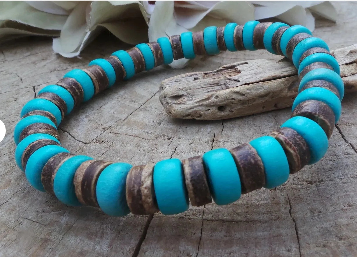 Cross Turquoise Coconut Bead Bracelet, Turquoise or Hematite, Mens Bracelet Mens Gift Mens Beaded Bracelet