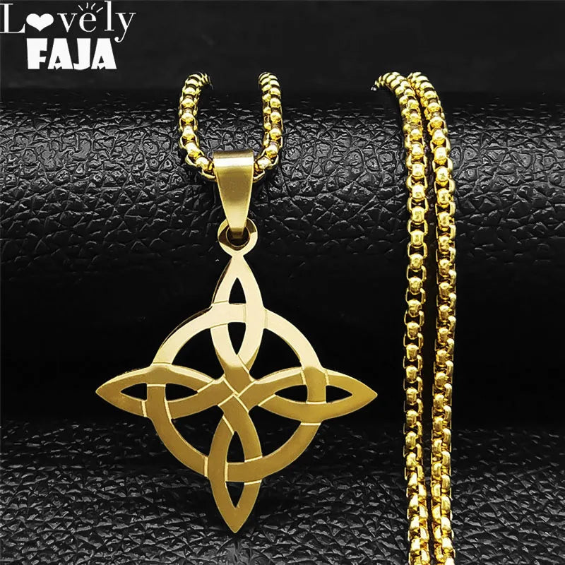 Witchcraft Witch'S Knot Geometry Stainless Steel Long Chain Necklace for Men/Women Gold Color Jewelry Bijoux Femme N4273S03