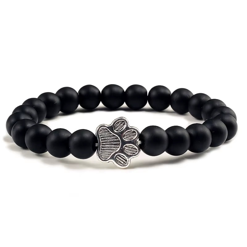Natural Matte Black Lava Volcanic Stone Paw Print Charm Bracelet Homme Femme Pet Memorial Cat Dog Lovers Jewelry Bracelets Gifts