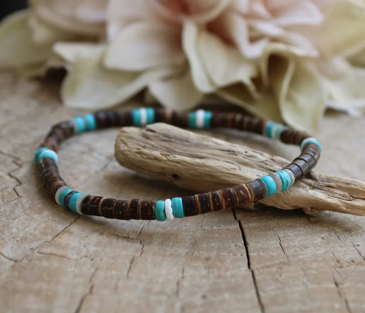 Cross Turquoise Coconut Bead Bracelet, Turquoise or Hematite, Mens Bracelet Mens Gift Mens Beaded Bracelet