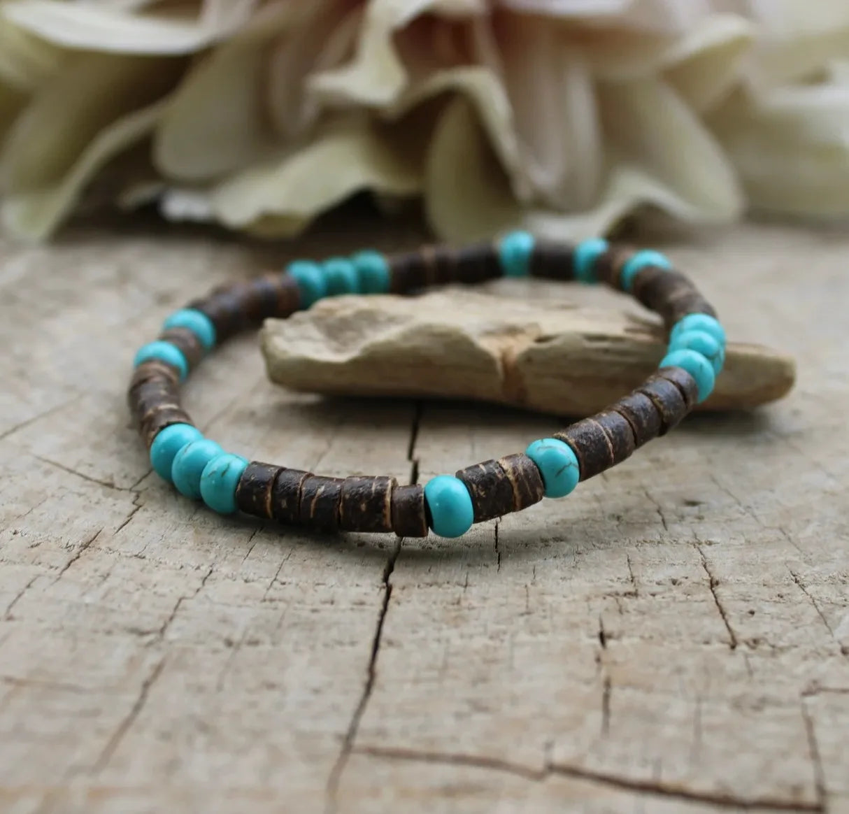 Cross Turquoise Coconut Bead Bracelet, Turquoise or Hematite, Mens Bracelet Mens Gift Mens Beaded Bracelet