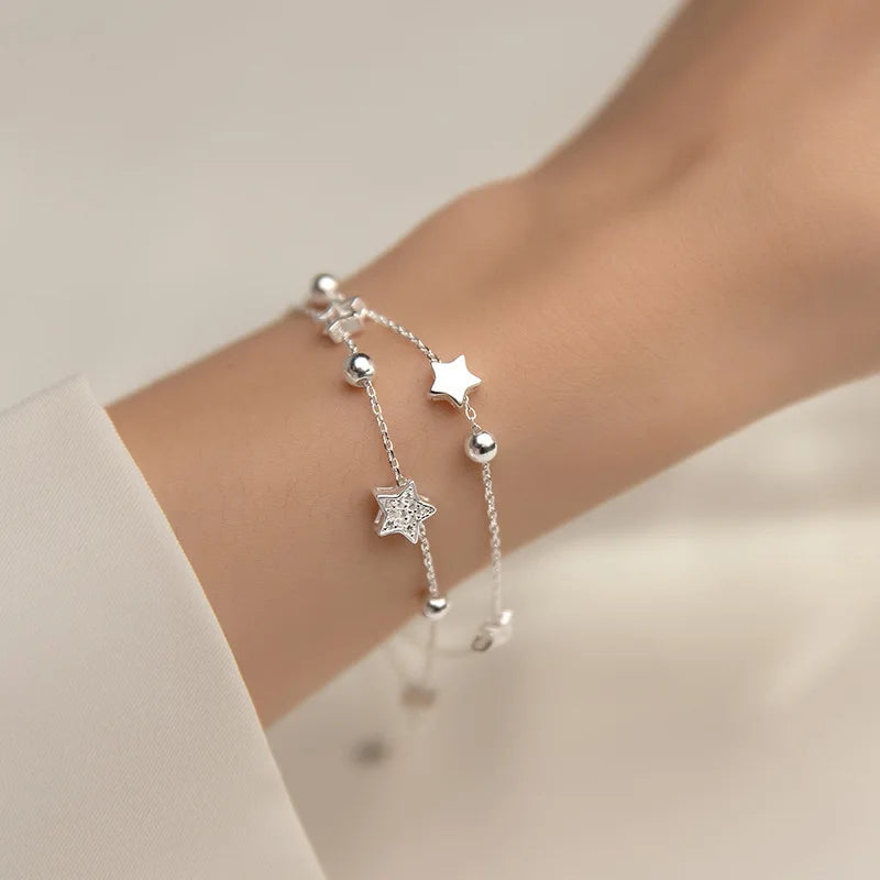925 Sterling Silver Double Layer Zircon Star round Bead Charm Bracelet&Bangle for Women Elegant Jewelry Pulseras
