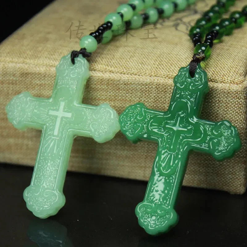 Chinese Natural Green Jade Cross Pendant Necklace Hand-Carved Charm Jadeite Jewelry Fashion Luck Amulet Gifts for Men Women