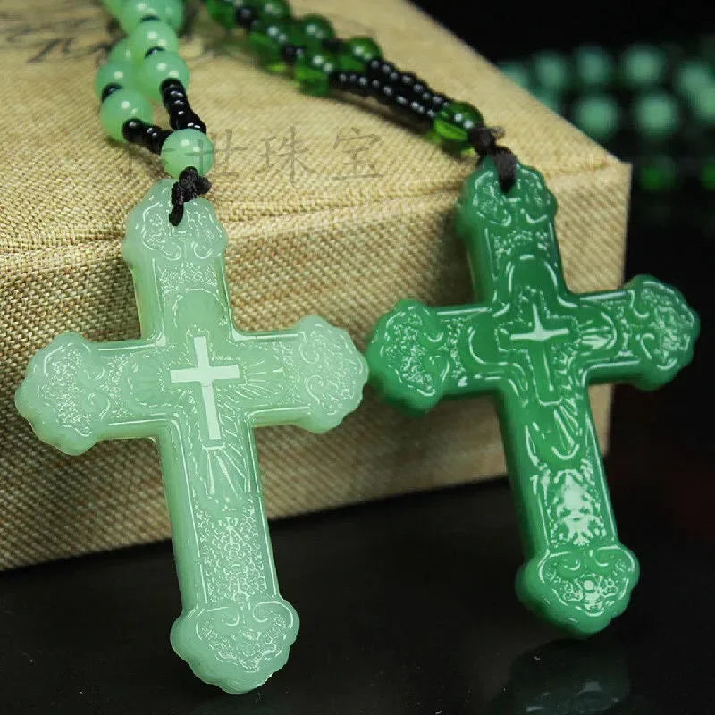Chinese Natural Green Jade Cross Pendant Necklace Hand-Carved Charm Jadeite Jewelry Fashion Luck Amulet Gifts for Men Women