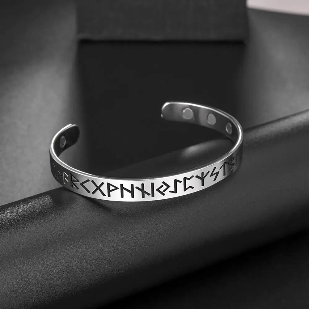24 Runes Magnetic Health Bangles 316L Stainless Steel Adjustable Amulet Vintage Cuff Bracelets Gift for Women Men
