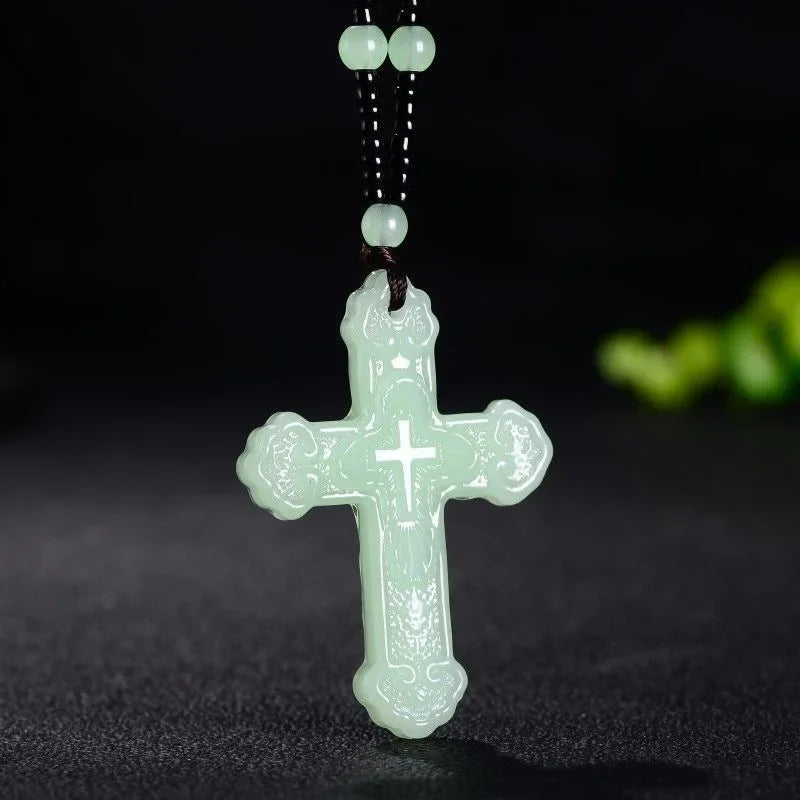 Chinese Natural Green Jade Cross Pendant Necklace Hand-Carved Charm Jadeite Jewelry Fashion Luck Amulet Gifts for Men Women