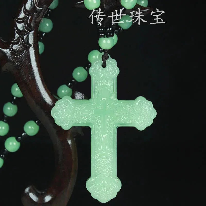 Chinese Natural Green Jade Cross Pendant Necklace Hand-Carved Charm Jadeite Jewelry Fashion Luck Amulet Gifts for Men Women