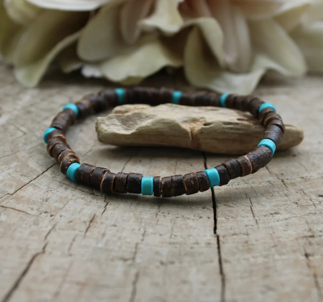 Cross Turquoise Coconut Bead Bracelet, Turquoise or Hematite, Mens Bracelet Mens Gift Mens Beaded Bracelet