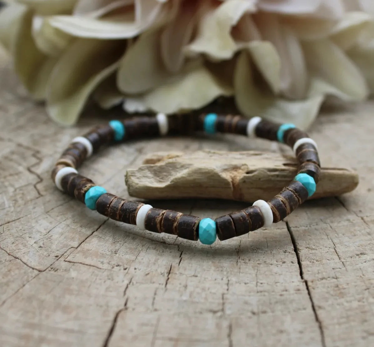 Cross Turquoise Coconut Bead Bracelet, Turquoise or Hematite, Mens Bracelet Mens Gift Mens Beaded Bracelet