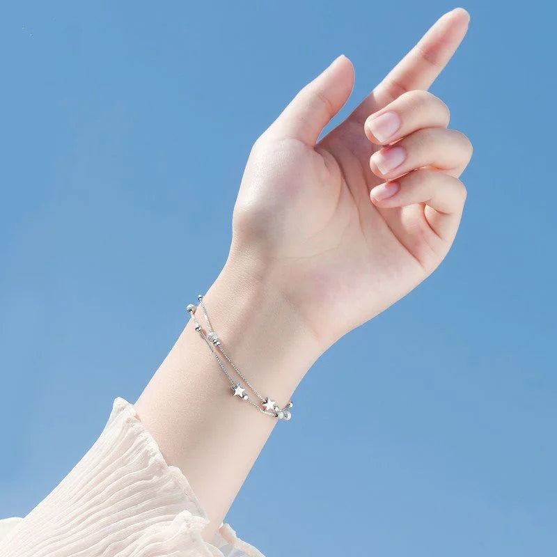 925 Sterling Silver Double Layer Zircon Star round Bead Charm Bracelet&Bangle for Women Elegant Jewelry Pulseras