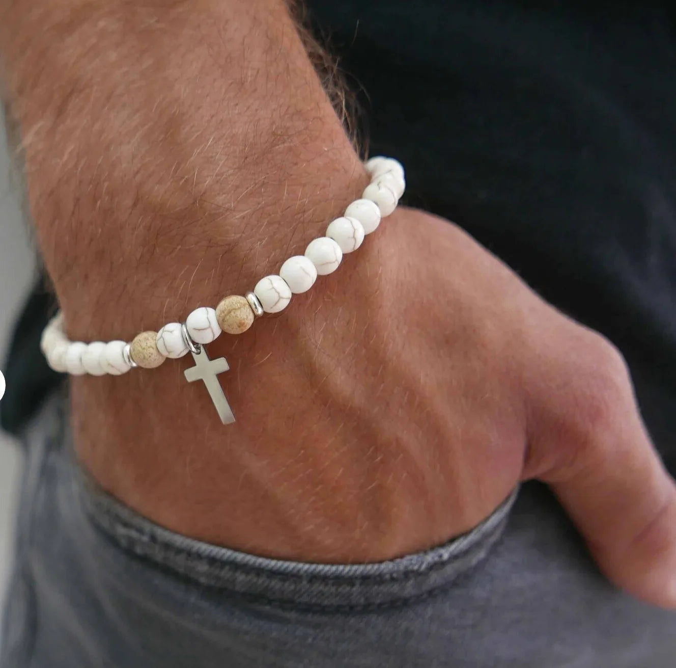 Cross Turquoise Coconut Bead Bracelet, Turquoise or Hematite, Mens Bracelet Mens Gift Mens Beaded Bracelet