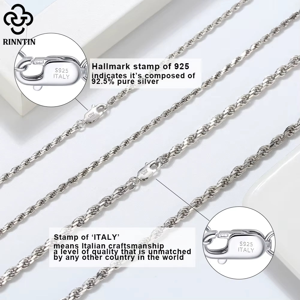 Luxury 925 Sterling Silver Diamond-Cut Rope Chain Necklace for Men Women Fashion Italian Silver Neck Chain Jewelry SC29