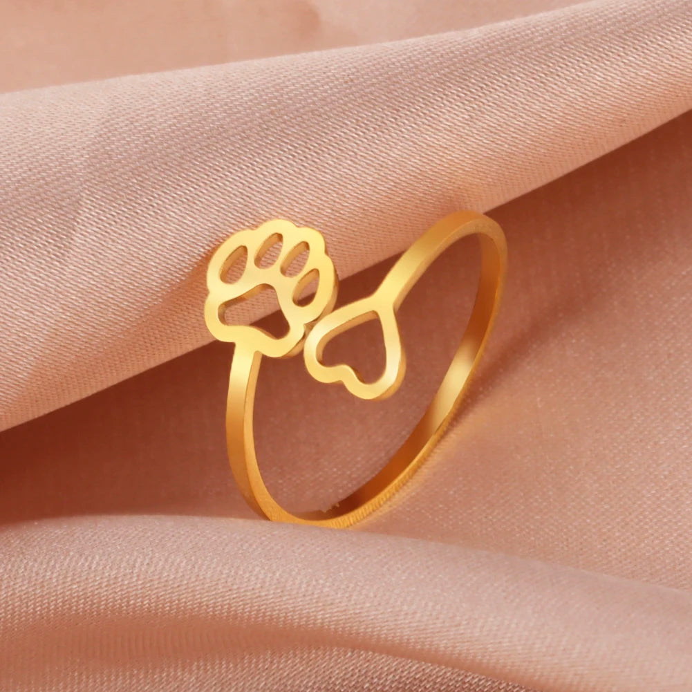 Lovely Dog Paw Foot Print Love Heart Ring for Women Girls Stainless Steel Adjustable Ring 2026 Trendy Jewelry Lover Gift