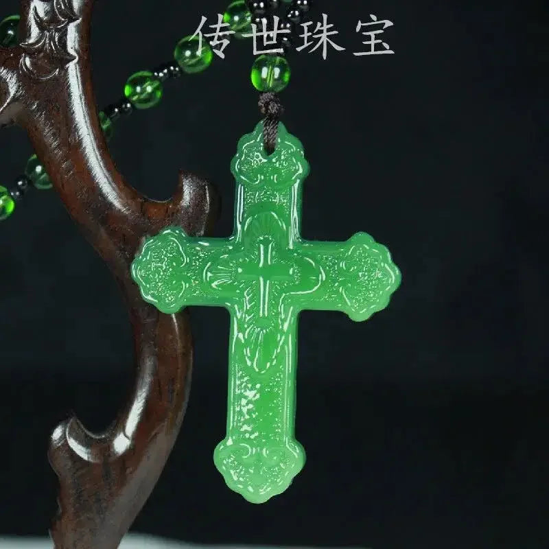 Chinese Natural Green Jade Cross Pendant Necklace Hand-Carved Charm Jadeite Jewelry Fashion Luck Amulet Gifts for Men Women