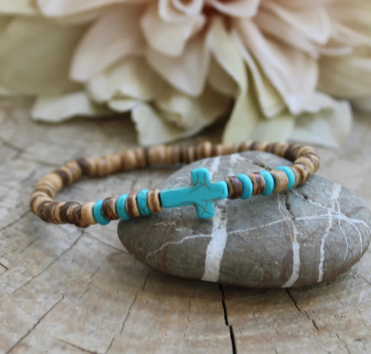 Cross Turquoise Coconut Bead Bracelet, Turquoise or Hematite, Mens Bracelet Mens Gift Mens Beaded Bracelet