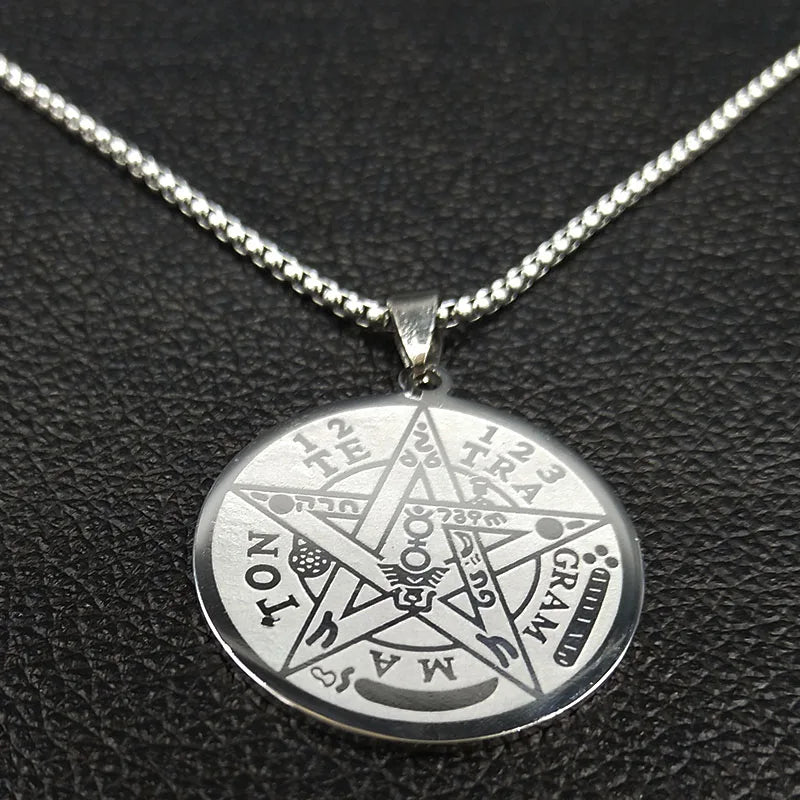 Witchcraft Pentagram Stainless Steel Necklace Chain for Men Jewish Hebrew Tetragrammaton Necklace Pentacle Jewelry N1163