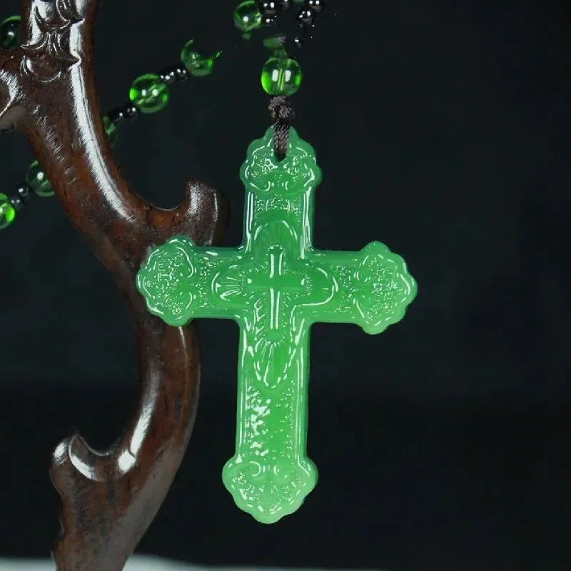 Chinese Natural Green Jade Cross Pendant Necklace Hand-Carved Charm Jadeite Jewelry Fashion Luck Amulet Gifts for Men Women